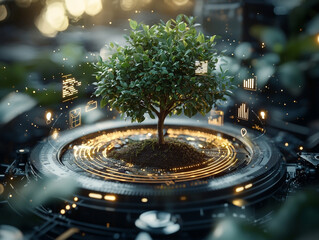 Ai-generated glowing csr icons surrounding a small tree in a nature setting emphasizing sustainability concepts