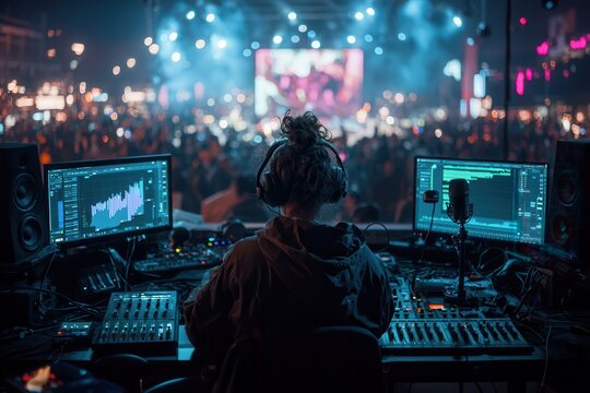 Music studios combine microphones with digital editing tools. DJ performing live at a vibrant music festival stage.