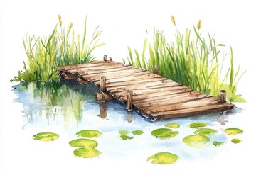Watercolor painting of a wooden dock on a calm lake with lily pads and reeds.