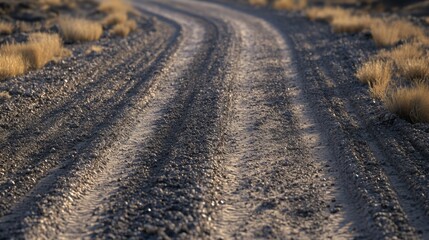 Naklejka premium Dusty gravel road, textured surface, worn tracks, signs of use, rustic charm, earthy tones, inviting journey, rural landscape