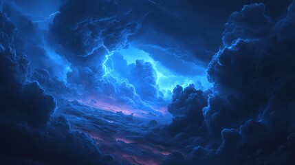 Fototapeta premium Dramatic Thunderstorm Wallpaper, dark clouds gathering, intense lightning strikes, moody atmosphere enveloping the scene, immersive and captivating display