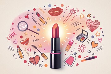 Vibrant lipstick and cosmetics surrounded by love and beauty icons