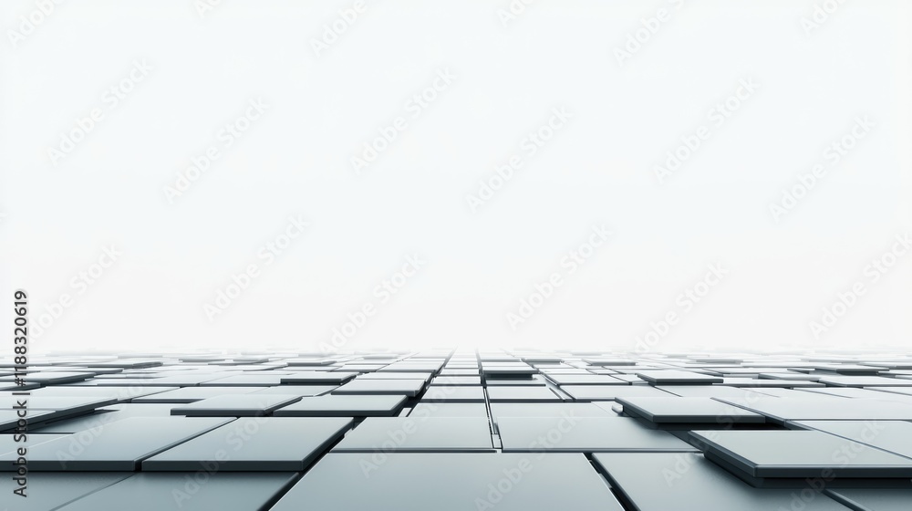 Poster a minimalist landscape featuring a grid of rectangular tiles extending towards a bright, empty horiz