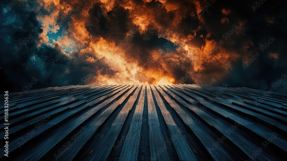 Aufkleber a dramatic view of a textured surface leading towards a fiery sky filled with clouds, creating a str