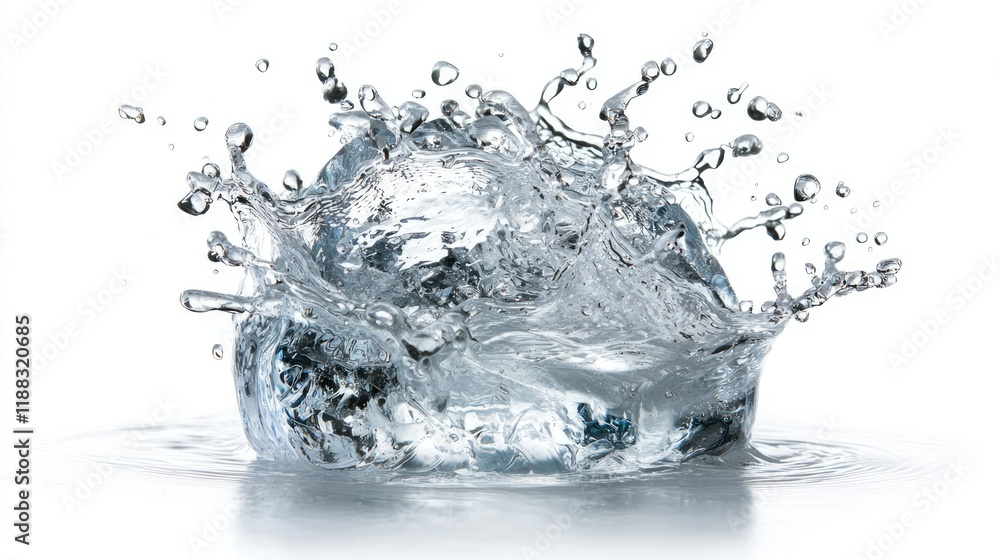 Poster a splash of water creating dynamic ripples and droplets against a clean background, emphasizing flui
