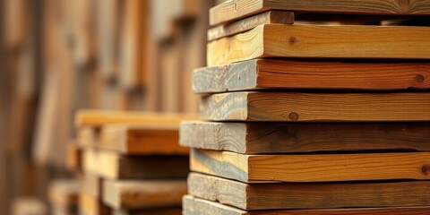Obraz premium A stack of wooden boards shows the intricate grain patterns and textures of natural wood.