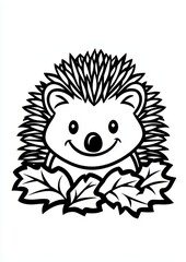 Fototapeta premium Adorable Cartoon Hedgehog Illustration Line Art Autumn Leaves Coloring Page Cute Animal