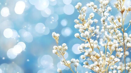 Fototapeta premium Delicate white flowers against a soft blue bokeh background