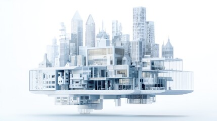 Obraz premium A futuristic floating cityscape featuring sleek, transparent buildings and towering skyscrapers in a minimalist design.