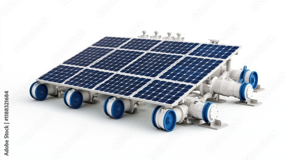 Poster a solar panel system mounted on a base with multiple connectors, designed for energy generation.