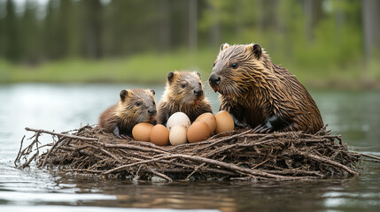 Beaver family guarding eggs on floating nest, wildlife parenting behavior in natural habitat