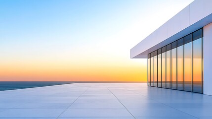 A white minimalist building with large floor-to-ceiling windows overlooking the sea.