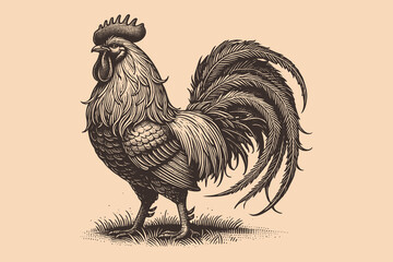 Vintage engraving of a rooster on a beige background, brown tones