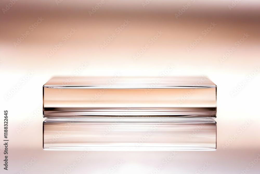 Poster transparent rectangular glass block sits on reflective surface with soft pink backdrop
