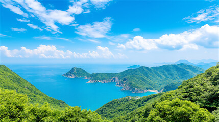 Fototapeta premium Panoramic view of a tropical coastline with lush greenery and turquoise waters under a bright blue sky. Ideal for vacation or nature-themed visuals.