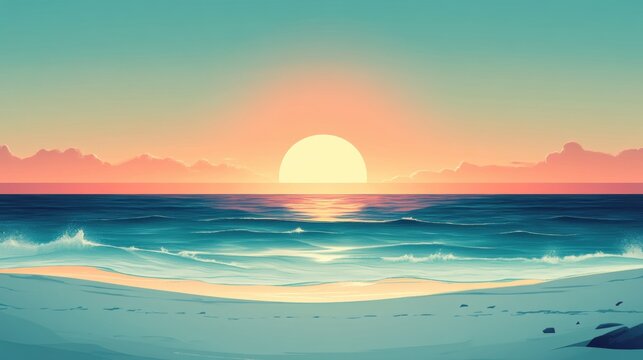 Serene Beach Escape, tranquil shoreline with gentle waves, radiant sun casting warm hues, perfect for a calming desktop backdrop