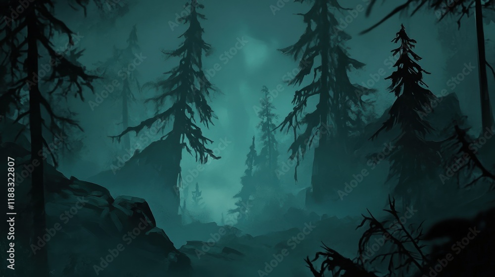 Poster mysterious foggy forest, an enchanting scene of towering trees enveloped in mist, creating a captiva