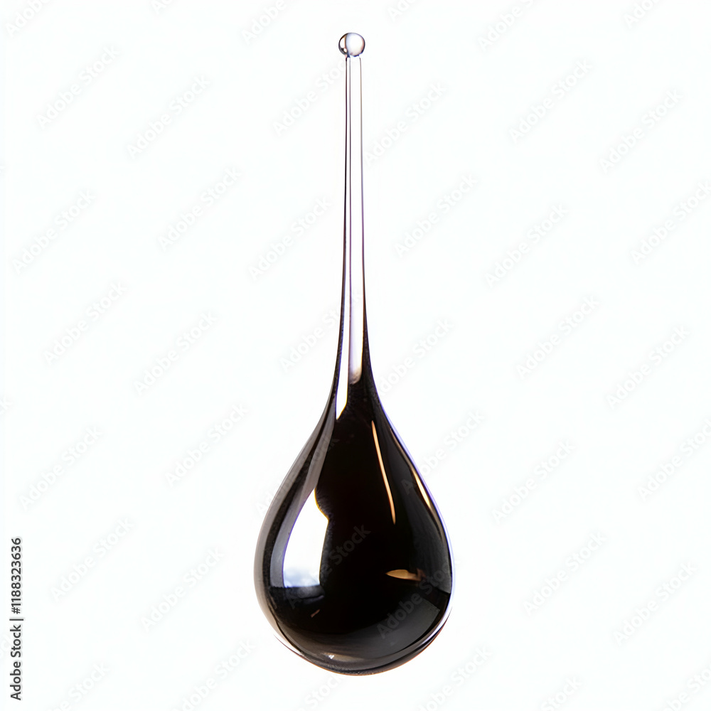 Poster dark liquid drop forms a teardrop shape against a white backdrop
