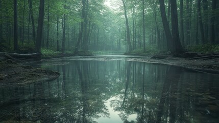 Misty forest stream reflecting trees in calm water.