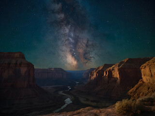 Canyon Views Under a Starry Sky: The magic of a canyon view under a starry night, with silhouettes of cliffs against the Milky Way.