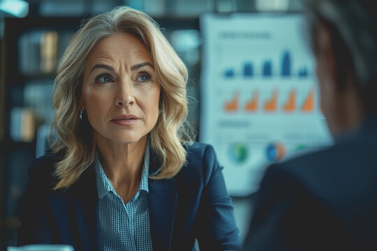 Business woman in professional suit engaged in conversation with male colleague in office environment focused on work collaboration and team interaction in corporate setting - Powered by Adobe