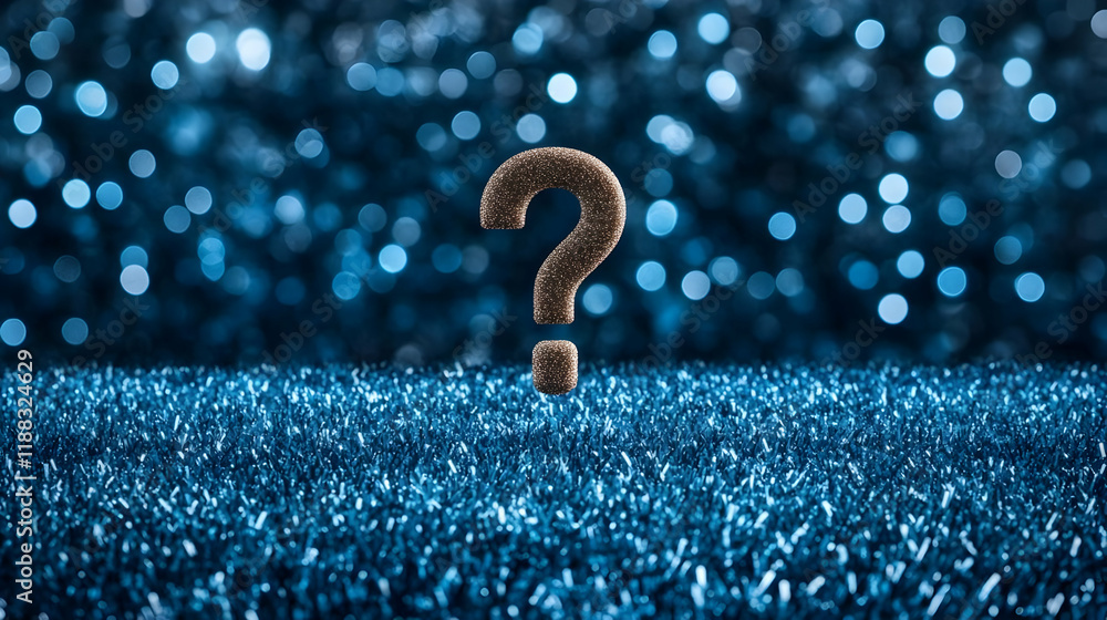 Poster gold question mark on a glittery blue surface with bokeh background effectively conveys uncertainty
