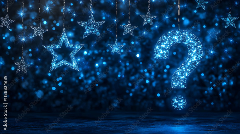 Poster sparkling question mark and stars dangle against a blurry blue background with subtle light reflecti