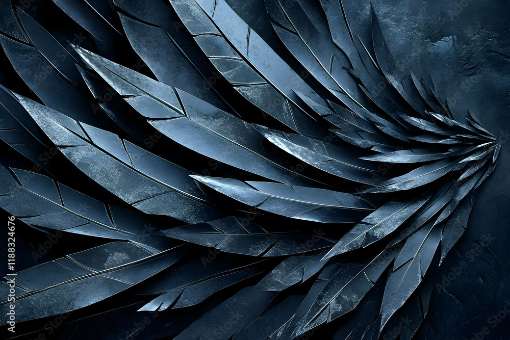 Poster dark metallic feathers overlap to form a textured wing design on a grunge background