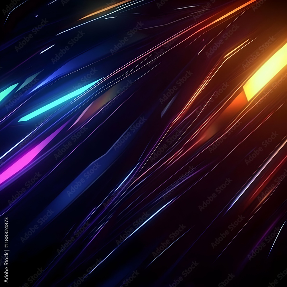 Poster abstract background with diagonal colorful light streaks dynamically across a dark backdrop.