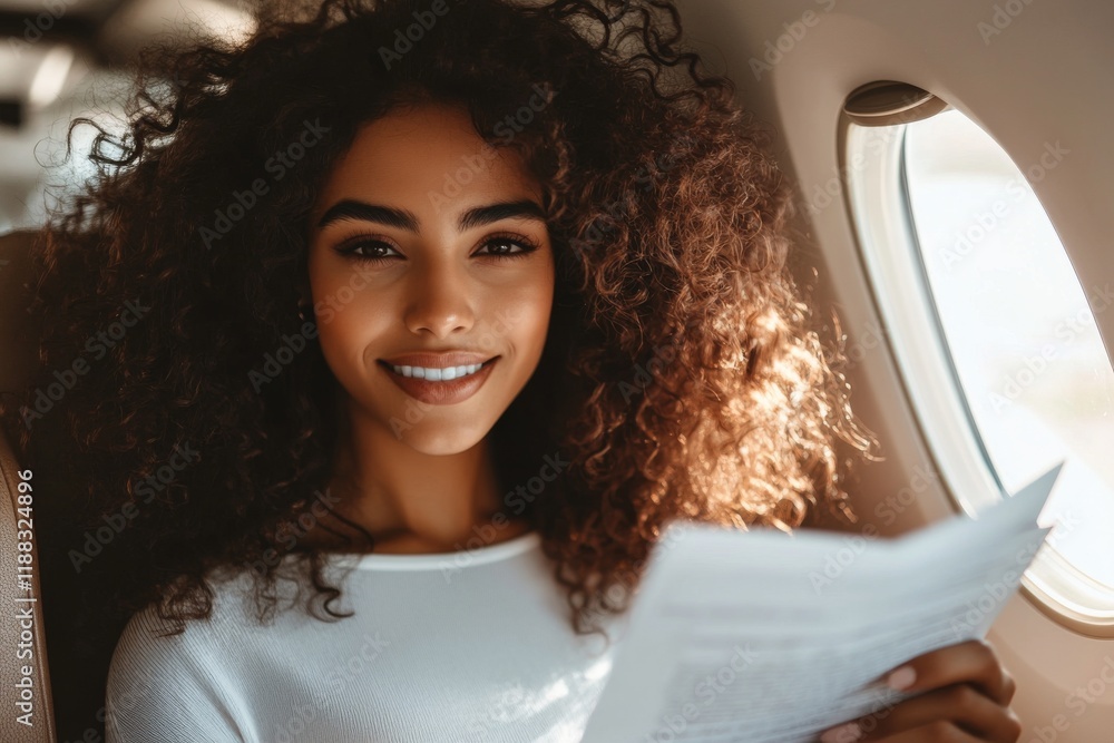 Wall mural A beautiful woman with curly hair is sitting in airplane and reading documents.