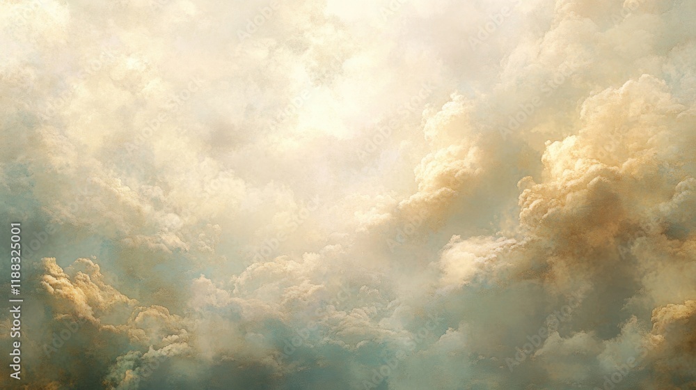 Poster fluffy cloudscape, soft contrasts in a textured cloudy sky, light formations create a serene and tra