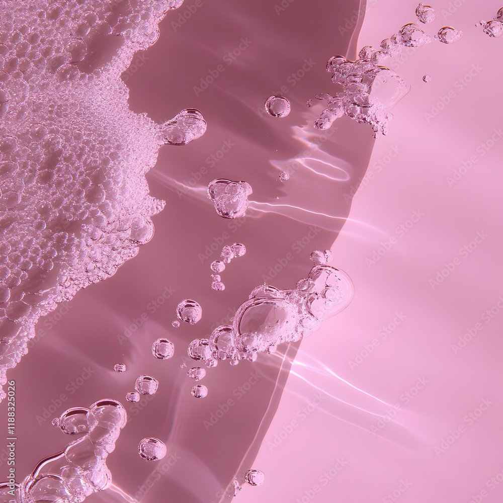 Poster pink liquid with bubbles forms an abstract background with delicate ripples and textures.