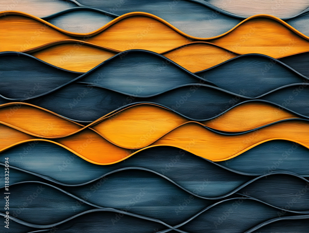 Poster abstract 3d wood grain waves flow in blue and gold, creating a visually appealing pattern.