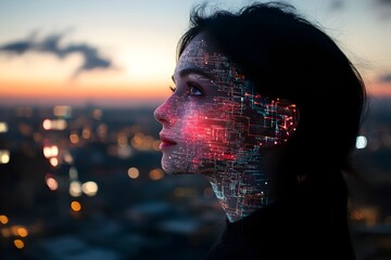 Woman Silhouette with Futuristic Circuitry Overlay at Sunset, City Lights Background, Digital Art, Technology Concept, Modern Style, Vivid Red and    