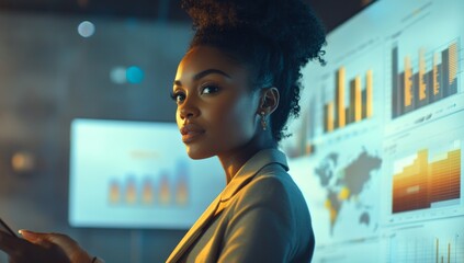 An African American woman presenting on digital marketing at the office, with charts and graphs.