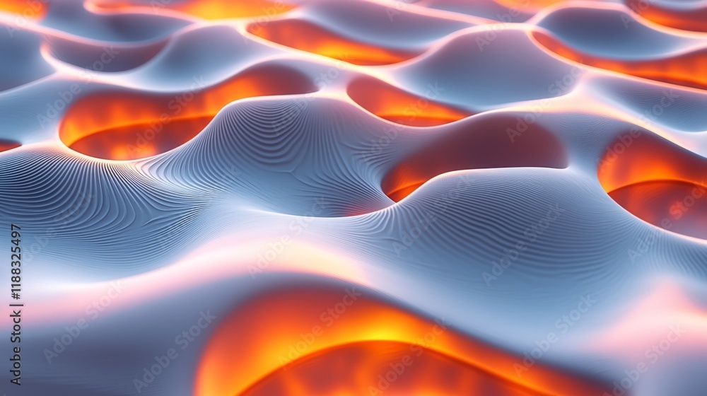 Poster a surreal landscape of smooth, undulating forms with glowing orange highlights, creating a striking 
