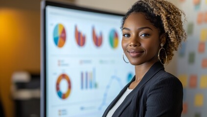 An African American woman presenting on digital marketing at the office, with charts and graphs.