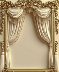 Gold Baroque Frame Draped Curtains, Beige Wall, Empty Center, Photo Montage
