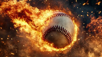 3d rendering of a baseball explodes into flames with a fiery burst, creating a spectacular and dynamic visual. The explosion scatters embers and sparks, adding to the intensity