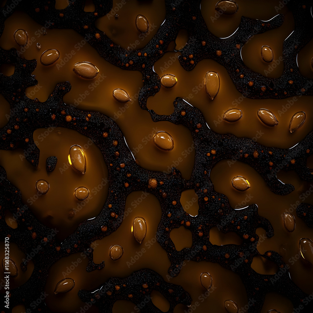 Poster glossy brown liquid with floating seeds creates abstract patterns, texture background.