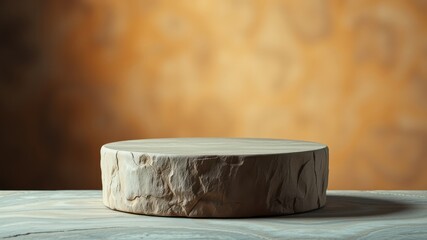 A rustic wooden pedestal with a textured surface, set against a blurred background of warm brown hues.