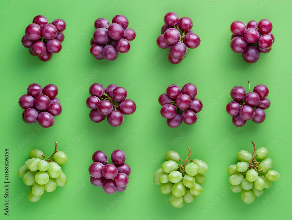Poster red and green grapes arranged on a vibrant green background in a patterned composition.