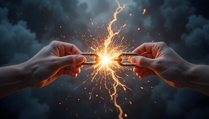 Breaking Chains of Anxiety: Hands breaking glowing chains, symbolizing freedom from stress and mental health struggles