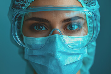Woman wearing surgical mask and goggles for protection in medical environment health and safety awareness healthcare professional in laboratory or hospital setting 180 chars