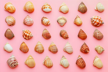 Seashells Arranged Neatly on a Pink Background Creates a Visually Appealing Pattern