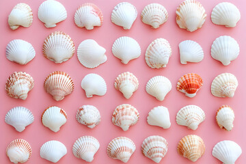 Seashells Arranged on Pink Background Form a Beautiful Pattern for Summertime Design Element