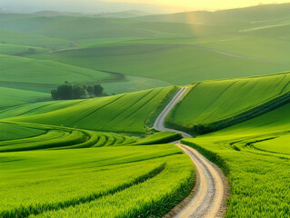 Winding dirt road traverses through lush, vibrant green terraced fields at sunrise, a picturesque landscape of rural tranquility.