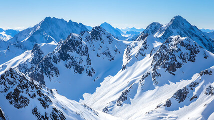 Snow-Covered Mountains with Clear Blue Skies, Majestic Peaks and Fresh Powdery Snow, Scenic Winter Landscape