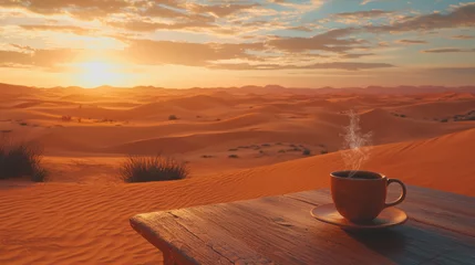 Fototapeten Cup of coffee on a rustic wooden table in a vast desert landscape showcasing the contrast of warm beverage against the arid environment and serene nature of the surroundings © Chalita