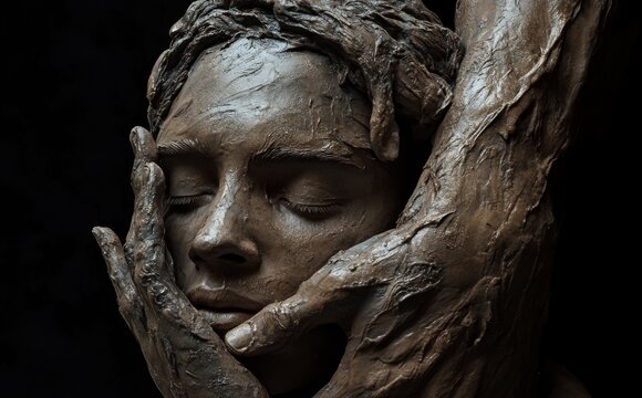 Potters hands is creating a human with clay.